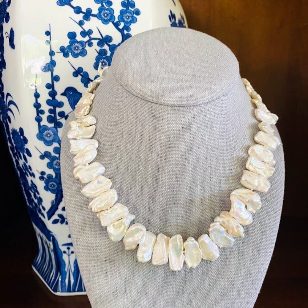 Raw Biwa Pearl Wide Stick Statement Necklace with Silver Tone Flower Clasp